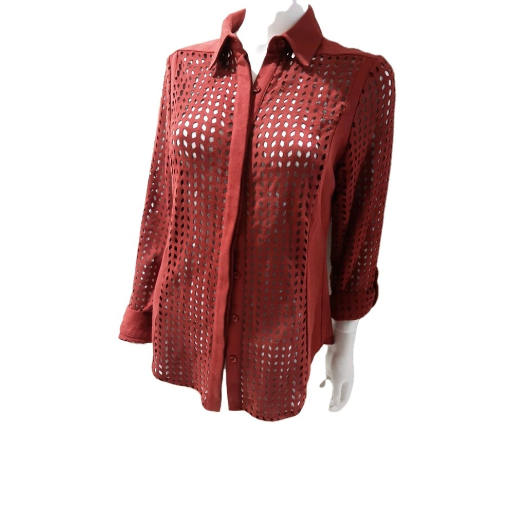 Alberto Makali Blouse Top Shirt Laser Cut Faux Suede Medium Rust Brown Red